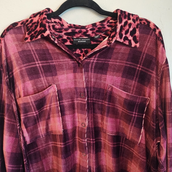 Susan Graver Pink and Burgundy Plaid Shirt with Leopard Details - Picture 2 of 4